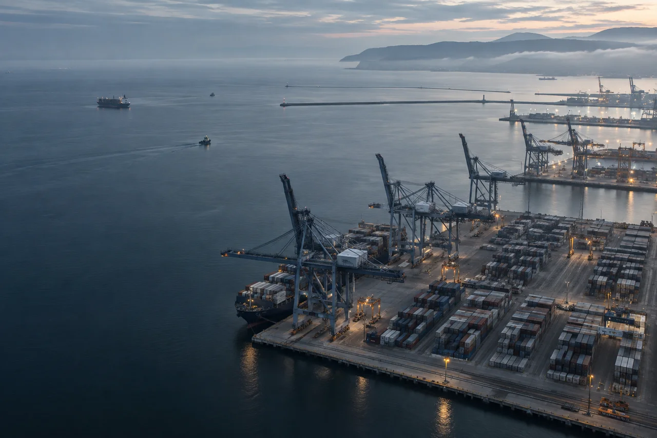 Illustrative aerial view of a coastal container port and the airspace around it
