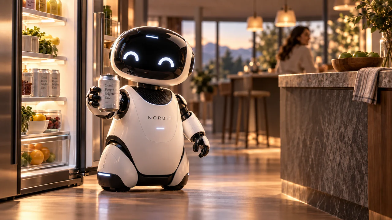 Norbit concept illustration showing a small wheeled robot retrieving a drink in a kitchen