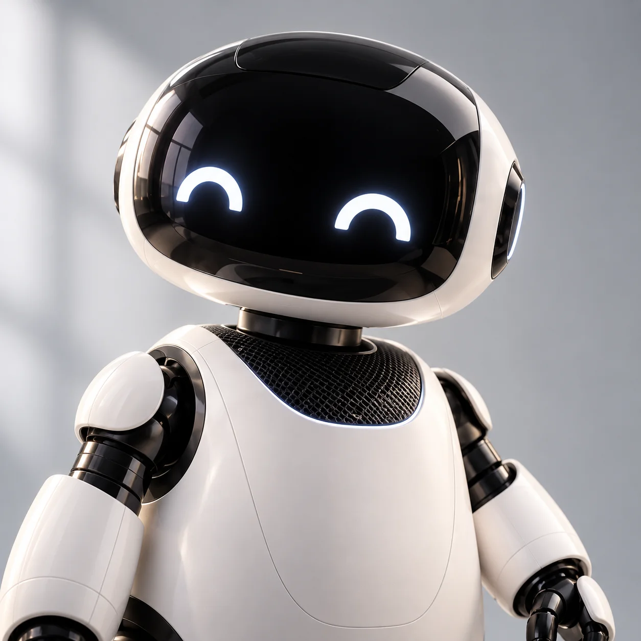 Concept portrait of Norbit, a compact white household robot with a friendly black face display